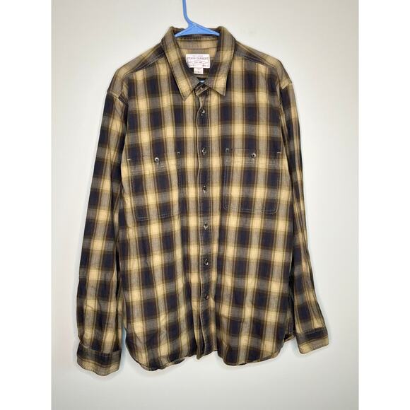 Filson Garment Tan Black Checker Plaid Thick Cotton Grunge Flannel Oxford XL
